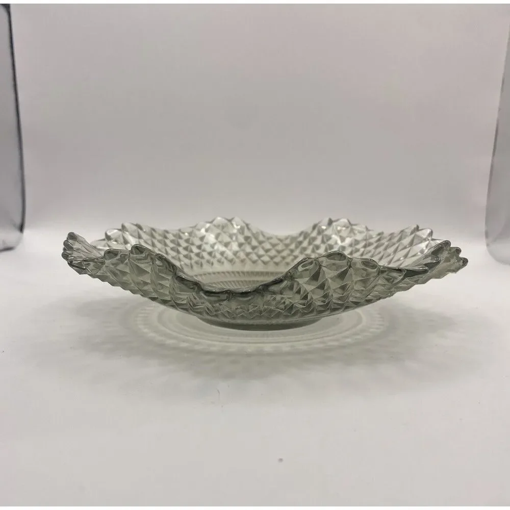 Indiana Glass Clear/Gray Diamond Point Cut Glass‎ Round Candy Dish Ruffled Edge
